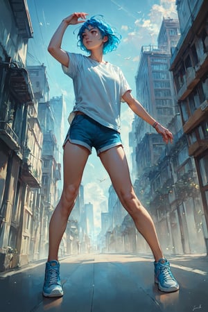 score_9_up, score_8_up, score_7_up, score_6_up, source_anime, high quality, 1girl, blue hair, short hair, shirt, short sleeve, shorts, sneakers, standing, dynamic pose, city, colorful details, ultra details, detailed background,score_tag
