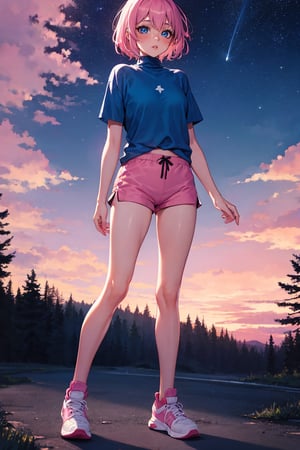 masterpiece, best quality, 1girl, pink hair, short hair, hair between eyes, blue shirt, turtleneck, short sleeve, pink shorts, sneakers, standing, outside, pink sky, starry sky, pastel colors