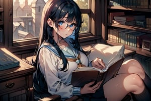 (masterpiece, intricate:1.3), (best quality, hires textures, high detail:1.2), (4k),(incredibly detailed:1.4) the girl with long black hair and blue eyes in library, sitting at a wooden desk and chair reading a book in her hand, she is wearing glasses and a short school uniform skirt. Detailedface