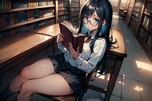 (masterpiece, intricate:1.3), (best quality, hires textures, high detail:1.2), (4k),(incredibly detailed:1.4) the girl with long black hair and blue eyes in library, sitting at a wooden desk and chair reading a book in her hand, she is wearing glasses and a short school uniform skirt. Detailedface