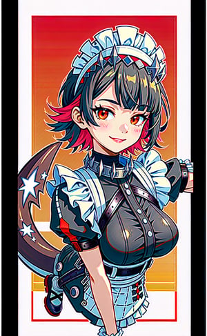 ,Ellen CYQL,1girl,looking at viewer,solo,shark girl,short hair,black hair,red hair,multicolored hair,colored inner hair,maid headdress,red eyes,maid,wrist cuffs,short sleeves,puffy sleeves,red nails,apron,maid apron,dress,black dress,frills,tail,shark tail,fins,pantyhose,black pantyhose,black footwear,(evil smile:1.2),beautiful face,beautiful eyes,glossy skin,shiny skin,(portrait,front view,jumping:1.2),arm support,Dim sum, Tea house, Noontime, Bamboo steamers, Culinary delight,beautiful detailed sky,beautiful detailed glow,(English text:1.3),(border:1.5),posing in front of a colorful and dynamic background,(masterpiece, best quality, beautiful and aesthetic:1.3),contrapposto,female focus,fine fabric emphasis,wallpaper,fashion,Lipstick,depth of field,intricate_detail,finely_detailed,fine_fabric_emphasis,(glossy),,