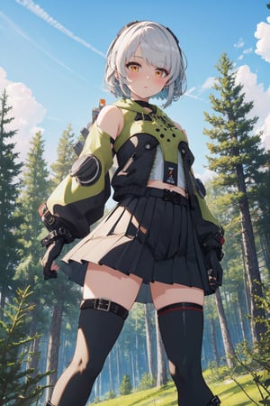 A mesmerizing scene unfolds: Lora, donning short white hair and yellow eyes, stands solo, her gaze piercing the viewer. She wears a black jacket with detached sleeves, long gloves, and thigh-high boots, her skirt pleated and falling just above her knees. A blushing flush enhances her bust. Against this stunning backdrop of towering pines, she poses in contrapposto, surrounded by a beautiful, detailed sky with a soft glow. The atmosphere is alive with the scent of pine resin, as if the very essence of nature has been distilled into this masterpiece.