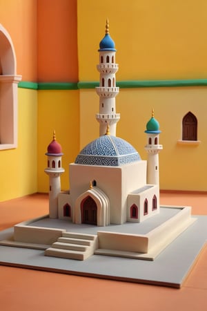 a mosque in a realistic model made entirely of plasticine, minimal architectural details very meticulously detailed, very realistic material texture, perfect shadow projection, perfect light effects and contrast, realism pushed to the extreme, perfect intrinsic details, different tones of material achieving unparalleled harmony and realism, masterpiece, divine, cinematic, ultrarealistic, hyperrealistic,play-doh style,sculpture, clay art, centered composition, Claymation,claymation,detailed background leaving room for the central image,sharp focus,Building,