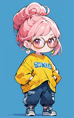 score_9,score_8_up,score_7_up, chibi, chibi style, 1girl,looking at viewer,bangs,simple background,shirt,long sleeves,jewelry,closed mouth,full body,pink hair,heart,earrings,hair bun,single hair bun,blue background,glasses,clothes writing,:<,red-framed eyewear,yellow shirt,hands out pockets