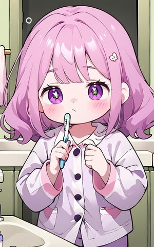 A chibi-style girl with pink hair and bangs looks directly at the viewer with sleepy eyes, wearing white pajamas with long sleeves and a simple shirt. She holds a toothbrush in one hand . The background is a soft purple hue, and her closed mouth gives off a relaxed vibe. Her hair falls down her back in bathroom.
