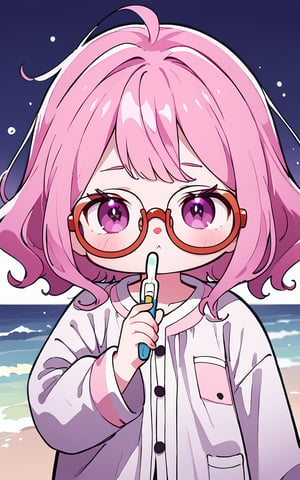 A chibi-style girl with pink hair and bangs looks directly at the viewer with sleepy eyes, wearing white pajamas with long sleeves and a simple shirt. She holds a toothbrush in one hand and has red-framed eyeglasses perched on her nose. The background is a soft purple hue, and her closed mouth gives off a relaxed vibe. Her hair falls down her back in loose waves.