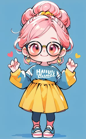 score_9,score_8_up,score_7_up, chibi, chibi style, 1girl,looking at viewer,bangs,simple background,shirt,long sleeves,jewelry,closed mouth,full body,pink hair,heart,earrings,hair bun,single hair bun,blue background,glasses,clothes writing,happy,smiling,red-framed eyewear,yellow skirt,hands up 