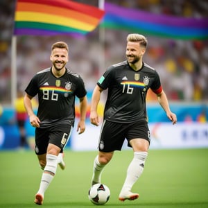 Two Fat German male footballers, wearing German jerseys, black shorts, white socks, number 6, dribbling soccer balls, happy expressions, cool hairstyles, holding a rainbow flag, portrait with bokeh background in a stadium, 8K resolution, medium shot capturing their joyful demeanor and dynamic poses, celebrating their pride and energy at 25 years old.