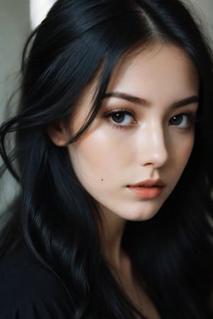 26 y.o. russian girl, eyeshadow, long eyelashes, (messy hair:0.6), film photography aesthetic, long black hair, dynamic composition, skin texture, sharp focus, hard shadows