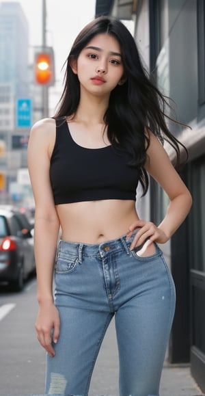lovely cute young attractive indian teenage girl, big city girl, 18 years old, cute, an Instagram model, long black_hair, colorful hair, hot, dacing, wear black top, jeans,Indian,Insta Model