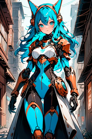 a clouseup shot of a humanoid android girl, in a steampunk armor, in a destoyed city, her face and body part are mechanical, hear hair is red, and her eyes are cyan.