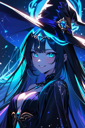 A close-up shot of a bewitching sorceress wearing an extravagant hat and a flowing, ocean-inspired evening gown. Her face is illuminated by glowing neon markings in shades of deep-sea blue, casting an otherworldly glow on her wicked grin. The camera frames her features with deliberate precision, drawing attention to the subtle malevolence lurking beneath her enchanting facade.