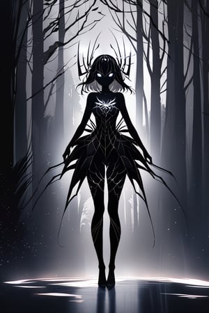 A medium shot of a mysterious girl standing in a dimly lit, misty forest. Her upper half appears as a beautiful young woman, but her lower body morphs into a spider figure, with eight delicate legs and intricate, feathery patterns. The lighting is moody, with soft shadows accentuating the unusual features. The subject's pose is subtle, yet captivating, as she gazes off-camera, her expression a blend of curiosity and unease.