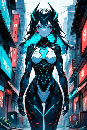a clouseup shot of a humanoid android girl, in a destoyed city, her face and body part are mechanical, hear hair is red, and her eyes are cyan.