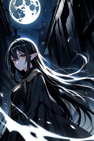 Close-up shot of a mysterious Dark Elf, lurking in the dark shadows of an abandoned mediaval street at night. Her raven-black hair, streaked with striking white locks, stands out against the eerie backdrop. The only illumination comes from a lone moon, casting an otherworldly glow that adds to the tragic atmosphere. The subject's enigmatic gaze seems to draw me in, as if she's beckoning me into her world of secrets and shadows.