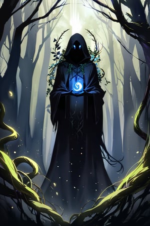 A shadowy figure with a humanoid torso and amalgamated animalistic limbs emerges from an aura of dark mist. Shadowy tendrils writhe around its body like living vines. Eyes aglow with malevolent intent, the being's human-like features are shrouded in darkness. Sorcery-laced shadows swirl around it, amplifying its eerie presence as it moves through a foreboding forest clearing, the only light coming from an otherworldly glow emanating from within.,glowneon