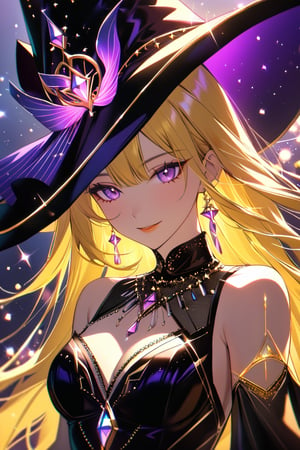 Close-up on the enigmatic witch's face, framing her radiant features. Neon tattoos infused with magical energies glow brightly, as her piercing purple eyes sparkle like gemstones. Her yellow hair flows like a fiery aura around her head, adorned with an extravagant hat overflowing with intricate ornaments. A stunning dress wraps elegantly around her body, showcasing her captivating smile, as she radiates an air of mystique and allure.