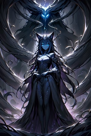 A shadowy figure with a humanoid torso and amalgamated animalistic limbs emerges from an aura of dark mist. Shadowy tendrils writhe around its body like living vines. Eyes aglow with malevolent intent, the being's human-like features are shrouded in darkness. Sorcery-laced shadows swirl around it, amplifying its eerie presence as it moves through a foreboding desert clearing, the only light coming from an otherworldly glow emanating from within.,glowneon