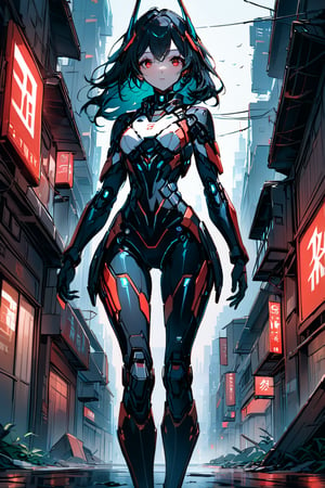 a clouseup shot of a humanoid android girl, in a destoyed city, her face and body part are mechanical, hear hair is red, and her eyes are cian.