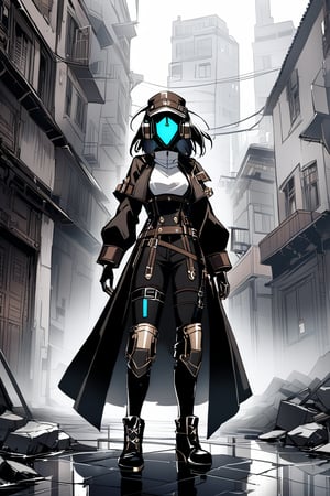 a medium shot of a humanoid android girl steam punk style, in a destoyed city. 