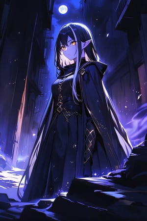 Close-up shot of a mysterious Dark Elf, with the skin color of the ashes, lurking in the dark shadows of an abandoned mediaval street at night. Her raven-black hair, streaked with striking white locks, stands out against the eerie backdrop. The only illumination comes from a lone moon, casting an otherworldly glow that adds to the tragic atmosphere. The subject's enigmatic gaze seems to draw me in, as if she's beckoning me into her world of secrets and shadows.,glowneon