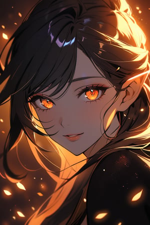 A close-up shot captures the sultry gaze of a mysterious dark elf woman, her skin a deep, inky black that seems to absorb the surrounding light. Her eyes gleam like embers, fueled by an inner fire, as she leans in with a sly smile, her full lips curling upward. The camera lingers on the delicate features of her face, illuminated only by the soft glow of a nearby glowneon.