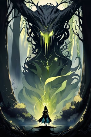 A shadowy figure with a humanoid torso and amalgamated animalistic limbs emerges from an aura of dark mist. Shadowy tendrils writhe around its body like living vines. Eyes aglow with malevolent intent, the being's human-like features are shrouded in darkness. Sorcery-laced shadows swirl around it, amplifying its eerie presence as it moves through a foreboding forest clearing, the only light coming from an otherworldly glow emanating from within.