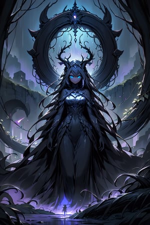 A shadowy figure with a humanoid torso and amalgamated animalistic limbs emerges from an aura of dark mist. Shadowy tendrils writhe around its body like living vines. Eyes aglow with malevolent intent, the being's human-like features are shrouded in darkness. Sorcery-laced shadows swirl around it, amplifying its eerie presence as it moves through a foreboding desert clearing, the only light coming from an otherworldly glow emanating from within.,glowneon