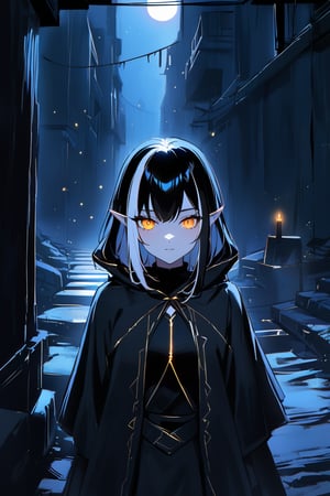 Close-up shot of a mysterious Dark Elf, with the skin color of the ashes, lurking in the dark shadows of an abandoned mediaval street at night. Her raven-black hair, streaked with striking white locks, stands out against the eerie backdrop. The only illumination comes from a lone moon, casting an otherworldly glow that adds to the tragic atmosphere. The subject's enigmatic gaze seems to draw me in, as if she's beckoning me into her world of secrets and shadows.,glowneon