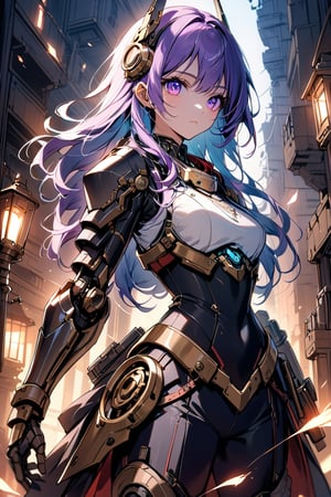 A close-up shot of the android girl's mechanized face and armorsome detail: Her artificial skin glows with a subtle blue hue under the warm light of a flickering gas lamp, casting long shadows on the ruins behind her. A few loose purple locks frame her mechanical eyes, where red LED lights pulse like embers. The steampunk armor's brass components gleam in the dim light, adorned with miniature cannons and intricate engravings, as if crafted by a mad inventor. Her gaze is fixed intently on something beyond the camera's view, her mechanical lips pursed in concentration.