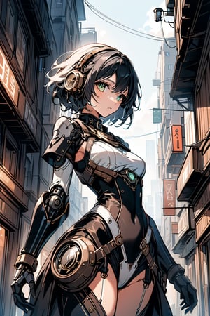 a clouseup shot of a humanoid android girl steam punk style, in a destoyed city, her face and body part are mechanical. 