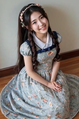 masterpiece, photorealistic, 8k, 8k UHD, best quality, ultra realistic, ultra detailed, hyperdetailed photography, real photo, masterpiece, best quality, aesthetic, ((shot from above:1.2)), 1girl, solo, looking at viewer, blushing, smiling, twintails, open mouth, brown eyes, long skirt, simple background, black hair, hair accessory, full body, flowers, formal floral dress, long straight hair,kawaii,1girl ,Asian,Sopra