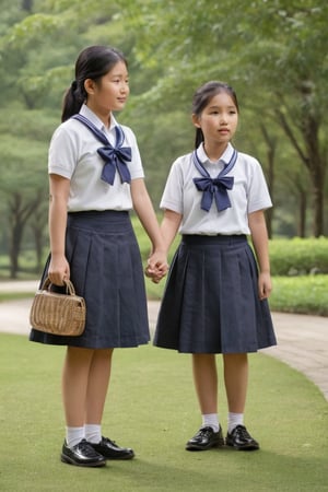 A serene scene unfolds: a youthful Asian schoolgirl, adorned with a hair ribbon, stands poised beside her elderly companion, their hands intertwined in a gesture of unity and trust. Her slender physique ripples beneath her school uniform, while his gentle features are tempered by age. Amidst the tranquil forest park atmosphere, the only audible cue is the soft rustling of leaves as they sway gently in the breeze.,Extremely Realistic