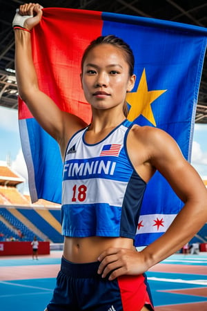 A dynamic portrait of an American-Finnish tween athlete, standing tall with a triumphant gaze, lifts weights within the grandeur of a stadium setting. The vibrant colors of the Philippine flag majestically drapes behind her, creating a stunning backdrop for this moment of athletic prowess. Framed by the imposing architecture of the stadium, the subject's confident posture and gleaming sweat-drenched skin evoke a sense of determination and excellence.