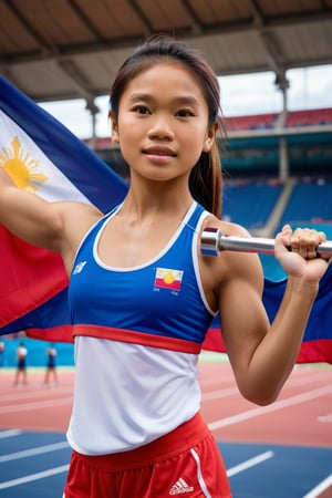 A dynamic portrait of an Filipina tween athlete, standing tall with a triumphant gaze, lifts weights within the grandeur of a stadium setting. The vibrant colors of the Philippine flag majestically drapes behind her, creating a stunning backdrop for this moment of athletic prowess. Framed by the imposing architecture of the stadium, the subject's confident posture and gleaming sweat-drenched skin evoke a sense of determination and excellence.