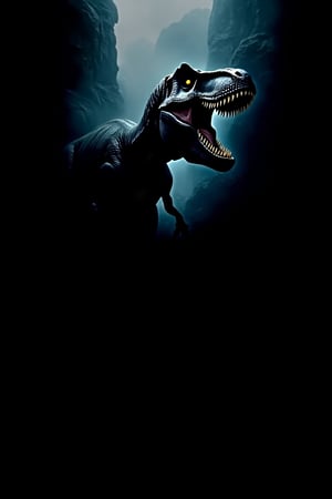 A close-up of a massive T-rex dinosaur’s open mouth dominates the poster, its rows of sharp teeth drooling. The dinosaur's eyes gleam with a predatory instinct, and the menacing gape of its jaws is framed by dark foggy environment. The background is an ancient scene, with distorted shadows barely visible. The title 'T-Rex Jaws' is like shp teeth letters at the top, with the tagline 'King of the predators' in smaller text beneath.