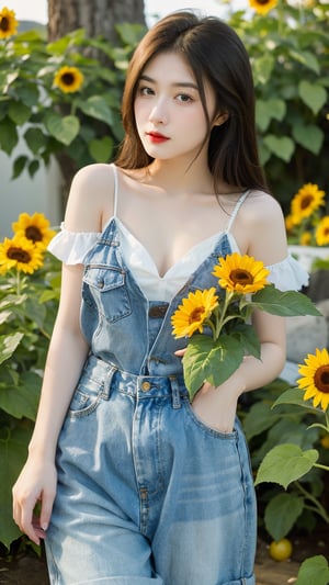  A beautiful woman. Sunflower field. Best Quality, Crazy Details and Sharp Focus, Masterpiece, Professional, Award Winning, Fine Detail, High Detail, UHD, 64k, Soft Look