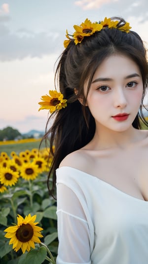  A beautiful woman. Sunflower field. Best Quality, Crazy Details and Sharp Focus, Masterpiece, Professional, Award Winning, Fine Detail, High Detail, UHD, 64k, Soft Look