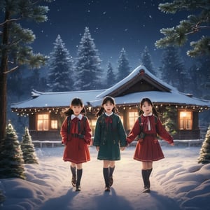 A trio of petite, waif-like Chinese-Korean girls, aged 10, dressed in matching school blouses, gaze directly at the viewer with eager and playful expressions. The dark winding trail, deep into the woods on a Christmas Eve night, provides a mystical backdrop as they casually stroll towards their destination. In the distance, the house at the end of the trail shines bright with intricate Christmas lights decorations.