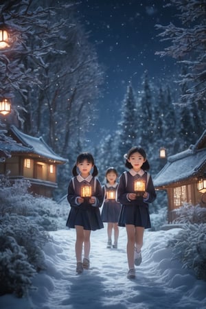 A trio of petite, waif-like Chinese-Korean girls, aged 10, dressed in matching school blouses, gaze directly at the viewer with eager and playful expressions. The dark winding trail, deep into the woods on a Christmas Eve night, provides a mystical backdrop as they casually stroll towards their destination. In the distance, the house at the end of the trail shines bright with intricate Christmas lights decorations.