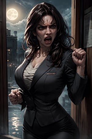 a highly detailed and realistic cinematic scene of an attractive fully clothed woman wearing a feminine comfortable style outfit caught off guard by sudden uncontrollable intense pain, screaming for help, high detail, realism, modern business attire, looking moonlight in distance, detailed environment, blender, angry rage screaming, acting violent, wide spread posture, painful posture, movement, angled side view, 4k, 8k, attractive feminine body, realism, extreme quality realistic textures, realistic environment 