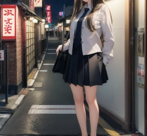 1girl, Tokyo street,night, cityscape,city lights, full body, 8k, RAW photo, best quality, masterpiece,realistic, photo-realistic, parted bangs, long hair,front cover,