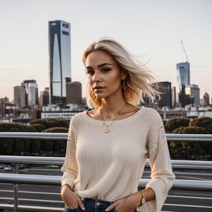 a beautiful chic women wearing chic attire, subtle makeup, platinum blonde hair, confident pose, with a cityscape background during golden hour,realism