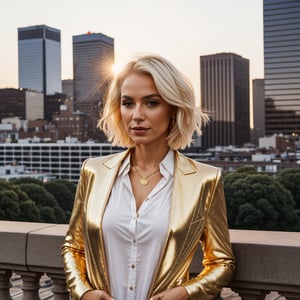 a beautiful chic women wearing chic attire, subtle makeup, platinum blonde hair, confident pose, with a cityscape background during golden hour,realism