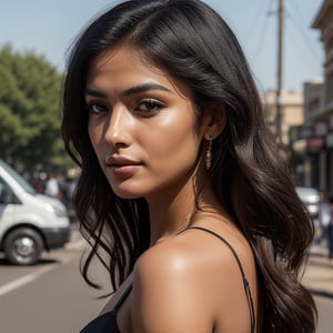 A indian 23 year old girl, black long hair, cute face, lighter shade skin, medium size body, realism, full body posing, face_body_detailer, photorealistic, ,Extremely Realistic,(PnMakeEnh),
masterpiece, high quality realistic, aesthetic photo, pore and detailed, intricate detailed, graceful and beautiful textures, RAW photo, 16K, change location everytime, dressed_change_everytime, location_change, detailed_backgroun, complex_background, extra_detailer