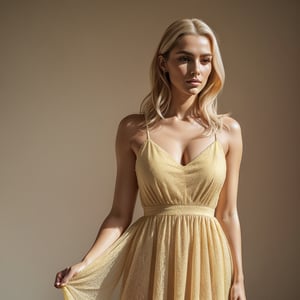 A beautiful chic women wearing yellow dress, subtle makeup, platinum blonde hair, confident pose, realism and full body, photorealistic, ,Extremely Realistic,(PnMakeEnh),
masterpiece, high quality realistic, aesthetic photo, pore and detailed, intricate detailed, graceful and beautiful textures, RAW photo, 16K,Technology