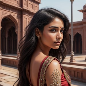 A indian 23 year old girl, black long hair, cute face, medium size body, realism, full body posing, photorealistic, ,Extremely Realistic,(PnMakeEnh),
masterpiece, high quality realistic, aesthetic photo, pore and detailed, intricate detailed, graceful and beautiful textures, RAW photo, 16K, change location everytime, dressed red, standing_bridge, detailed_backgroun, complex_background, extra_detailer