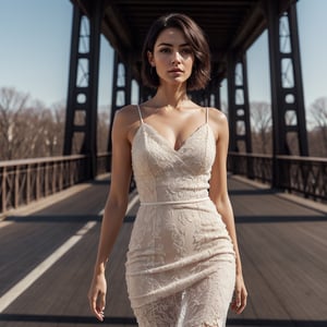 A beautiful chic women, subtle makeup, black short hair, confident pose, realism and full body,photorealistic, ,Extremely Realistic,(PnMakeEnh),
masterpiece, high quality realistic, aesthetic photo, pore and detailed, intricate detailed, graceful and beautiful textures, RAW photo, 16K, change location everytime and change dresses red, standing on bridge