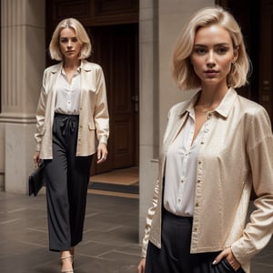A beautiful chic women wearing shirt and jacket and formal pant dress, subtle makeup, platinum blonde hair, confident pose, realism and full body, photorealistic, ,Extremely Realistic,(PnMakeEnh),
masterpiece, high quality realistic, aesthetic photo, pore and detailed, intricate detailed, graceful and beautiful textures, RAW photo, 16K,Technology