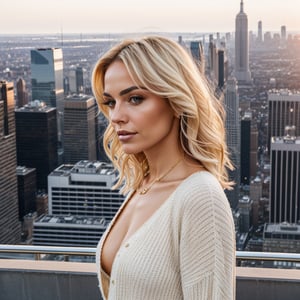 a beautiful chic women wearing chic attire, subtle makeup, platinum blonde hair, confident pose, with a cityscape background during golden hour,realism